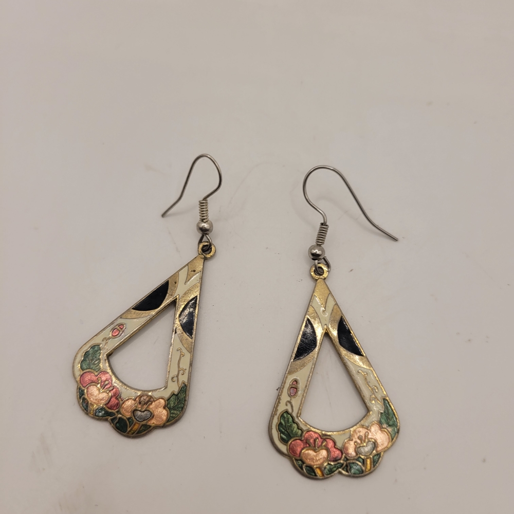 Vintage White Cloisonne Enamel Floral Drop Design Earrings